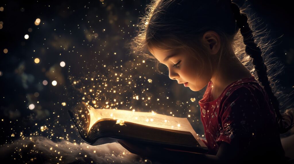 Child reading a glowing storybook, surrounded by golden light — representing the power of imagination in learning.