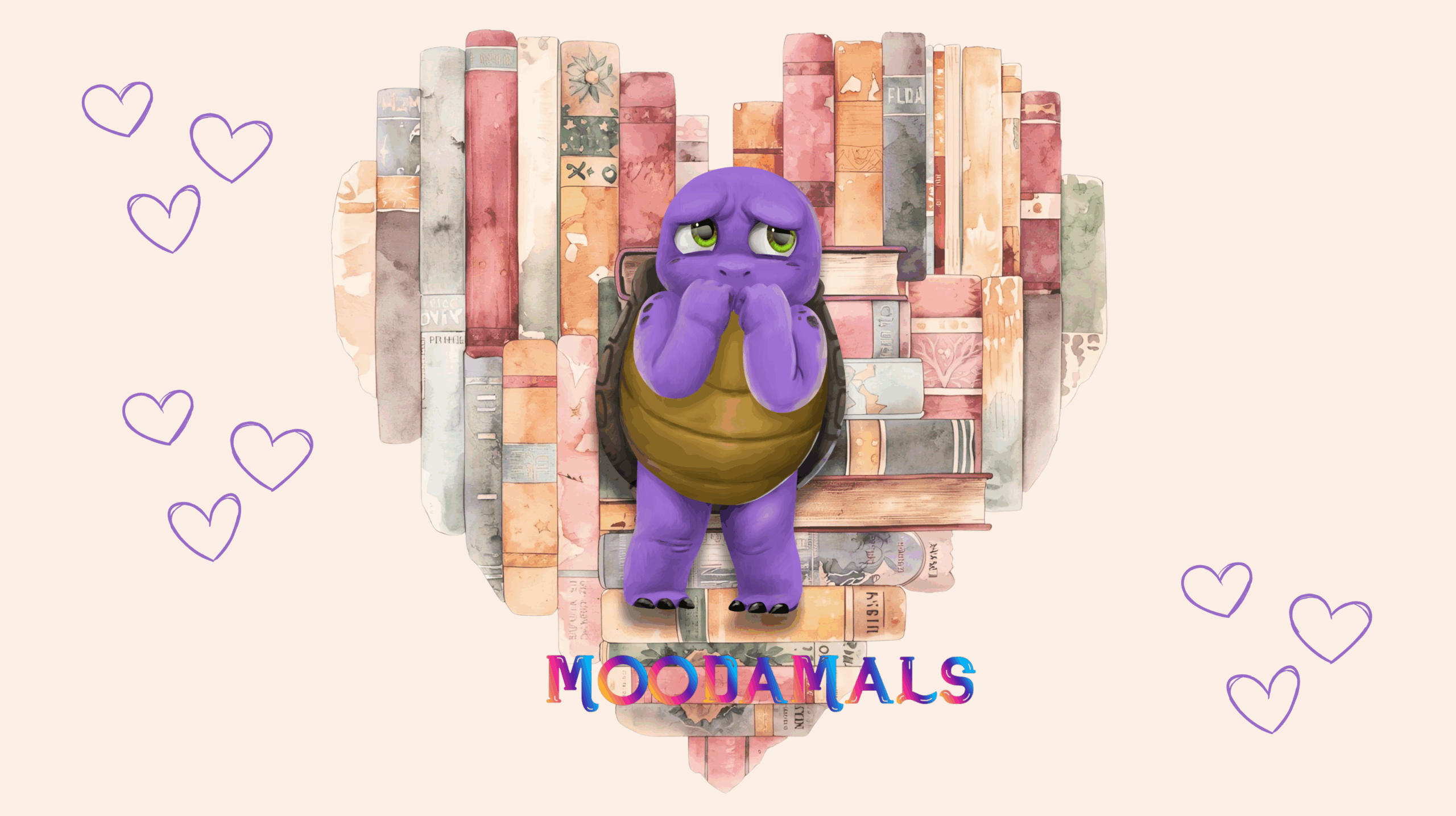 worry 1 Worried Moodamals turtle standing in front of a heart made of pastel books with soft purple heart doodles.